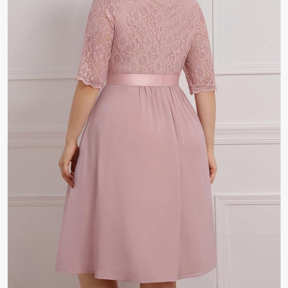 Pink A-Line Midi Dress with V-Neck and 3/4 Sleeves - Picture 2 of 4